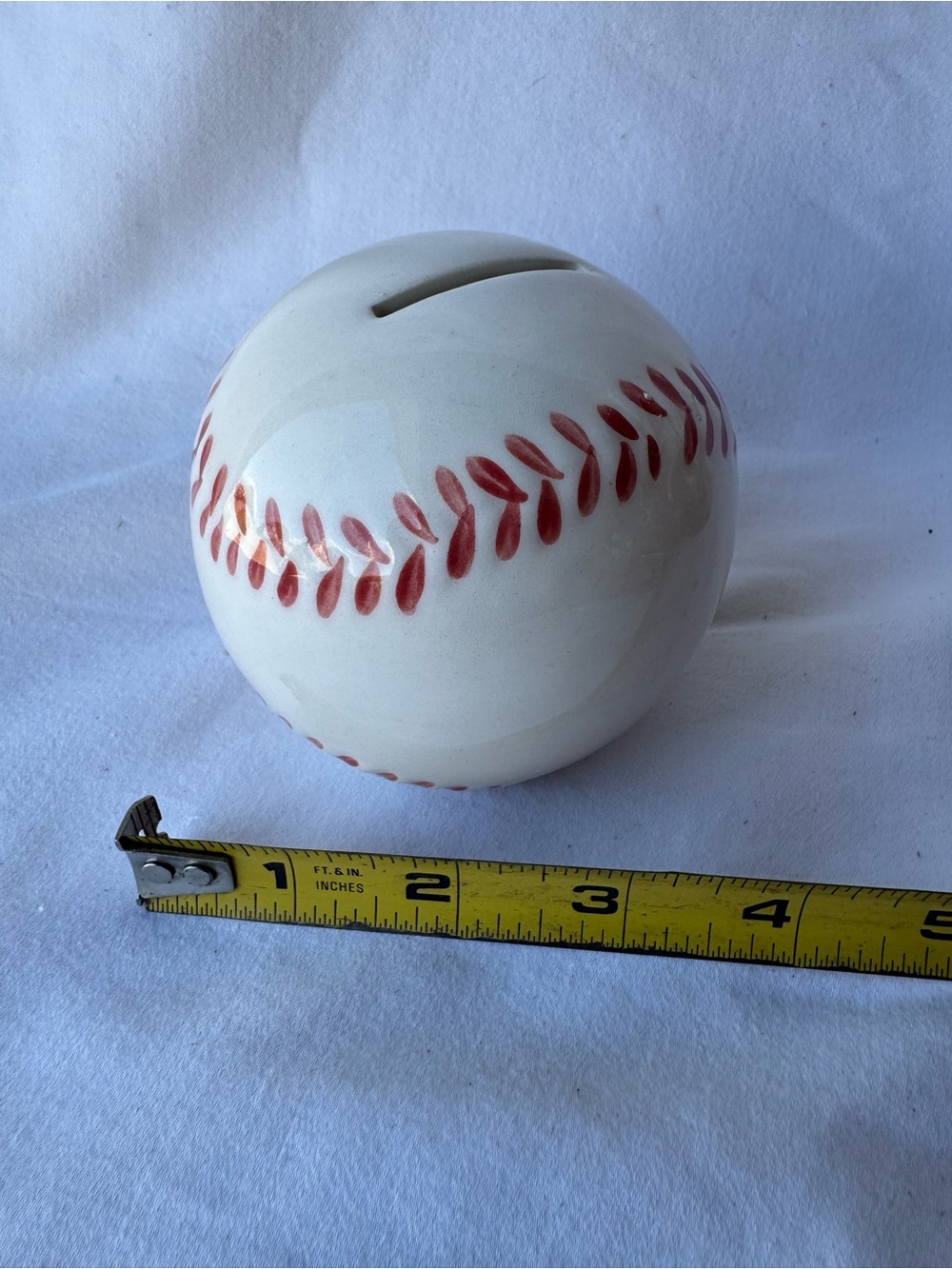 Vintage Ceramic Baseball-Themed Money Bank - White with Red Stitching